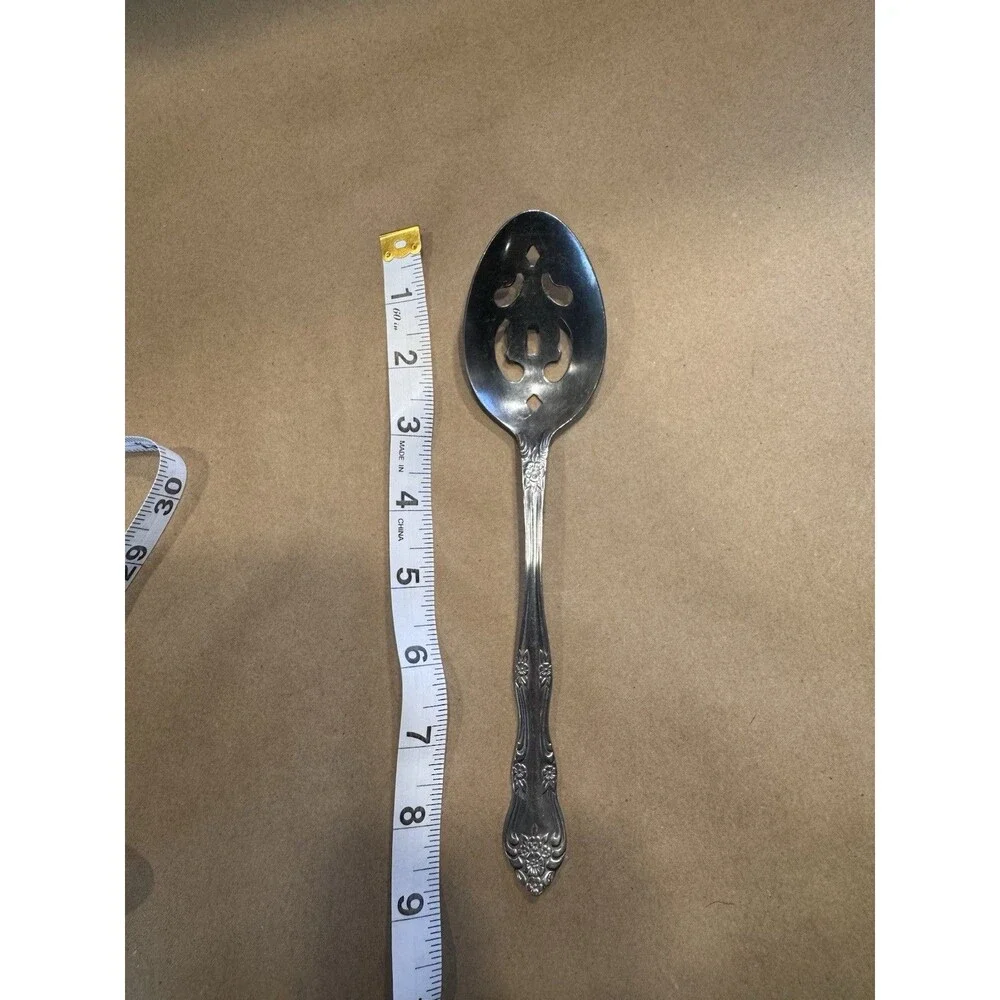 Stainless Steel Slotted Serving Spoon - Silver Floral Handle, Glossy, 8 in